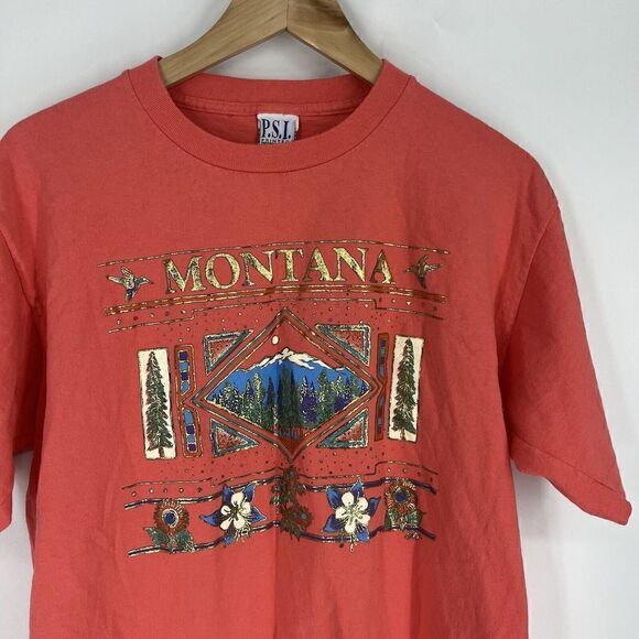 Vintage PSI T Shirt Size Large Pink Montana Gold Foil Single Stitch Crew USA 90s - Picture 2 of 7